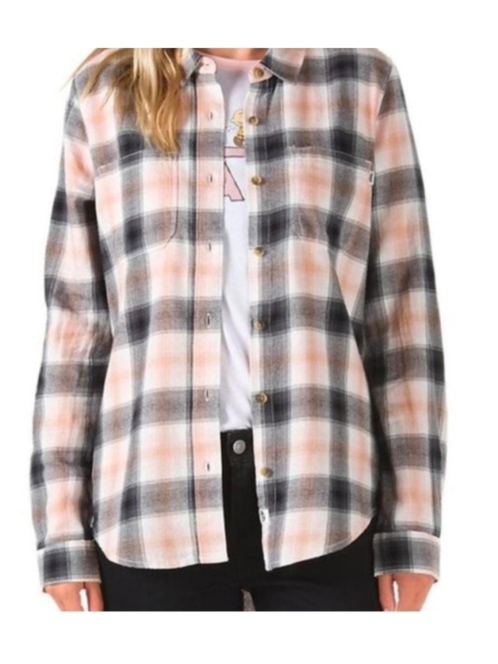 Vans Women’s Sz S Plaid Gray & Pink Flannel Button Up Shirt Long Sleeves